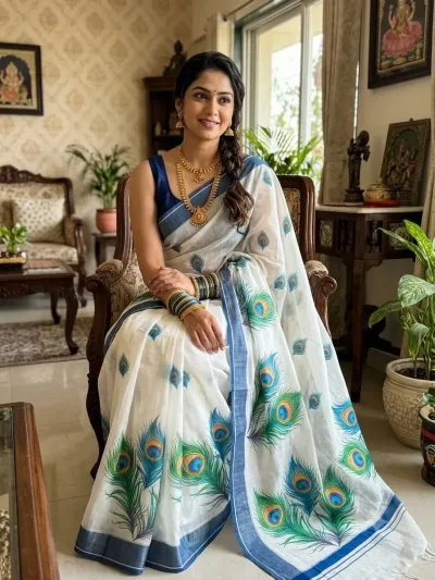 Blue Peacock Motif Cotton Saree